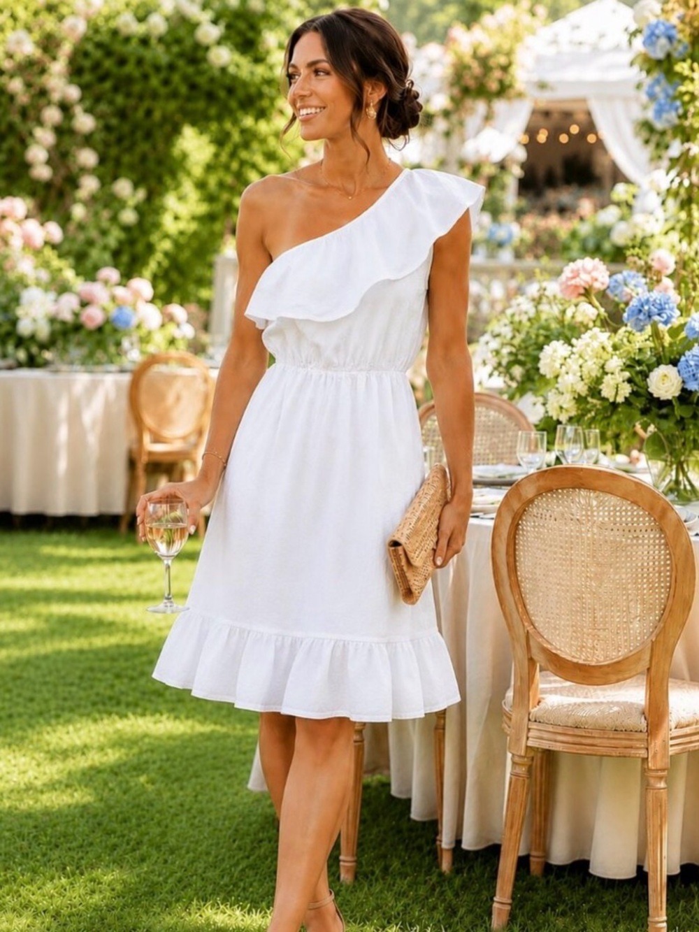 Valentina Made in Italy 100% Linen One Shoulder Flounce Dress L White